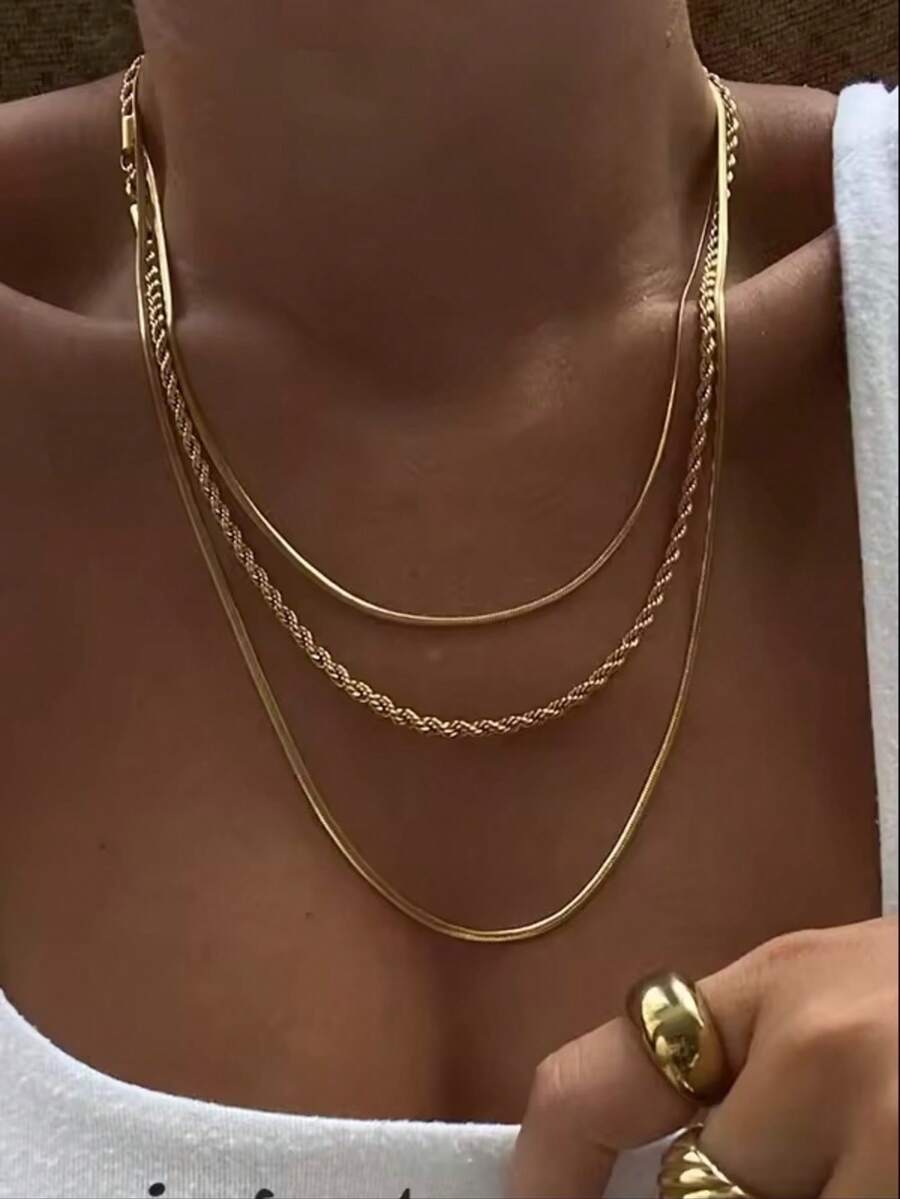 Unisex Stainless Steel Layered Twisted Chain Necklace Minimalist Fashion Jewelry - Gold - View 1