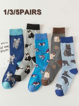 1/3/5双卡通猫咪袜子，透气舒适，吸汗，适合日常穿着、运动、办公和休闲风格。四季皆宜的礼物