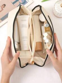 1pc PU Leather Cosmetic Bag, With Letter Cosmetic Storage Bag, Waterproof Toiletry Bag,Large Capacity Spacious Double Layer Cosmetic Bag, Multifunctional Women's Travel Handbag, Portable Storage Bag,Toiletry Bag, Beauty Storage Bag,Cosmetics Organization And Storage, Bathroom Organization And Storage Travel Essentials For Holiday Vacation Makeup Bag Makeup Organizer Travel Bag For Women