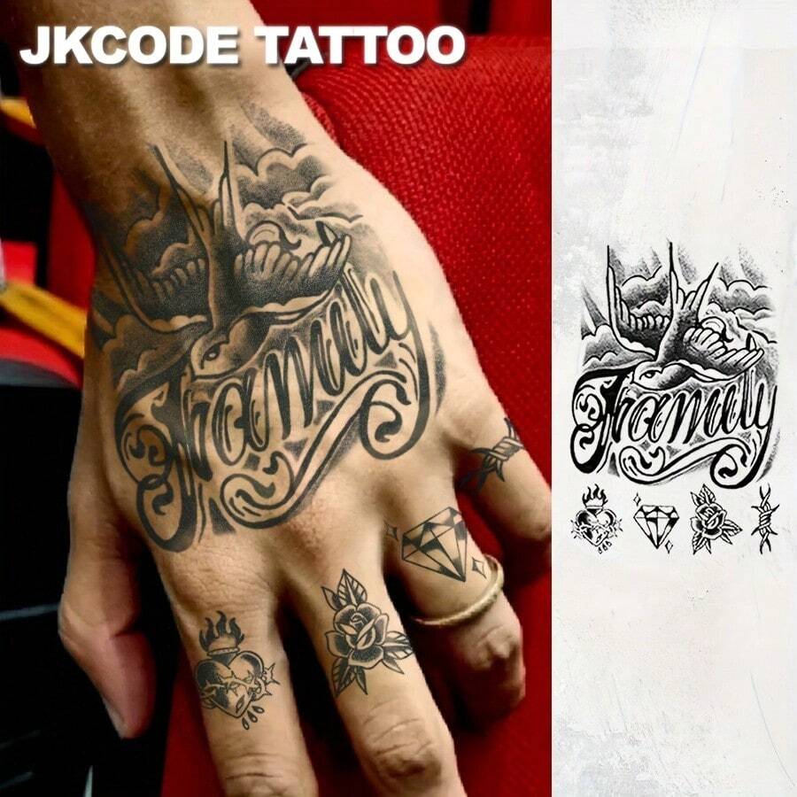 JKCODE TATTOO Hình xăm bán vĩnh viễn không thấm nước, hình xăm phong cách Graffiti cổ điển - "Gia đình & Ước mơ" Rose & Design - Hình xăm tiếng Anh thời trang dành cho nam, cổ, tay, ngón tay, kéo dài tới 15 ngày
