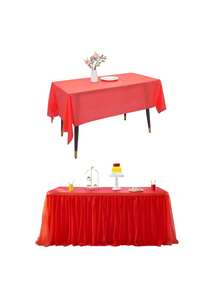 1 طقم تنورة طاولة قابلة للتخلص منها، تنورة طاولة زخرفية ملونة/للزفاف مقاومة للماء، طقم أدوات المائدة الحمراء لرأس السنة الجديدة، مفرش طاولة احتفالي أحمر لرأس السنة الجديدة، تنورة طاولة احتفالية حمراء