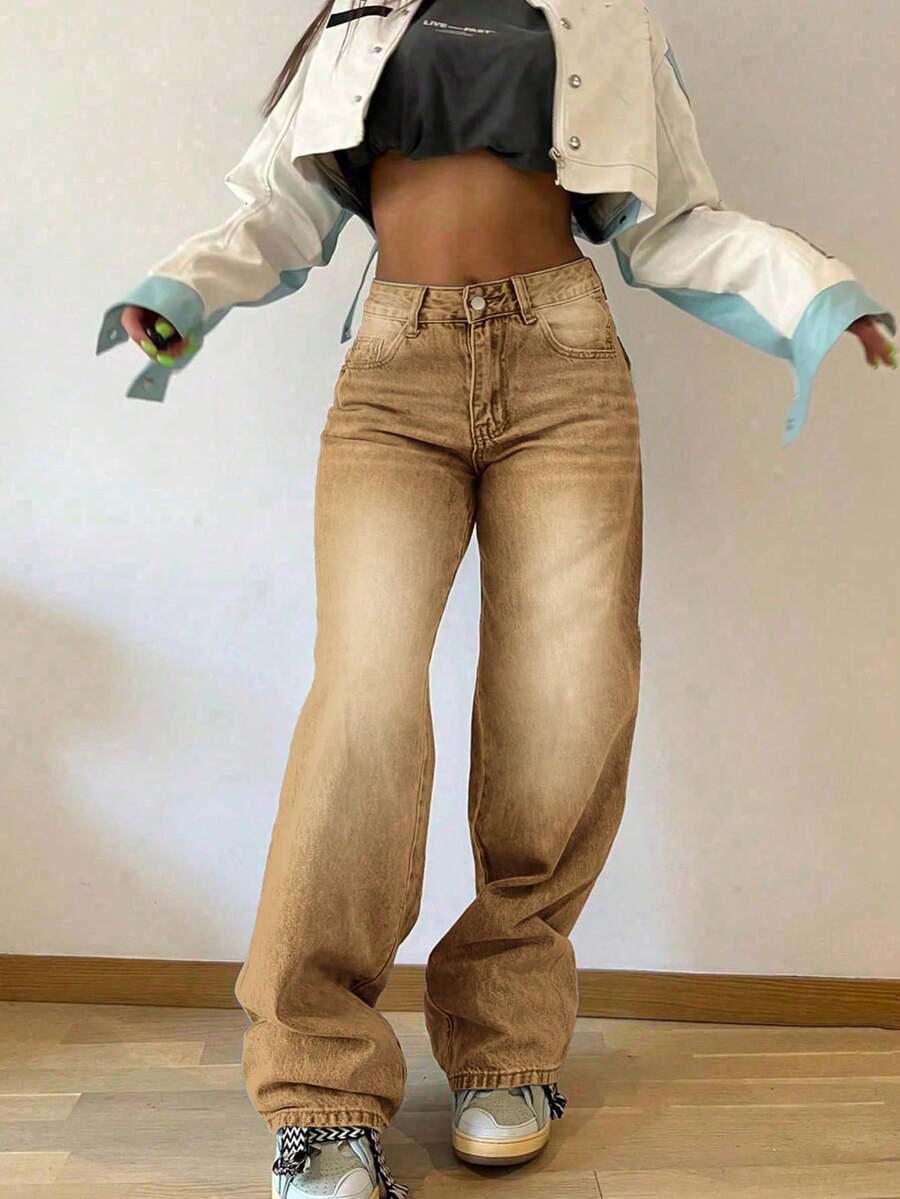 女式复古宽松直筒牛仔裤 - 棕色 - 查看 1