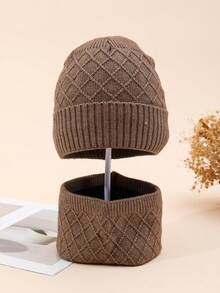 2pcs/Set Solid Color Knit Hat + Scarf, Autumn/Winter Outdoor Sports Fishing Essential, Diamond Pattern Knitted Hat & Scarf Set, Unisex Knitted Blend, Fashion Versatile Winter Beanie & Scarf