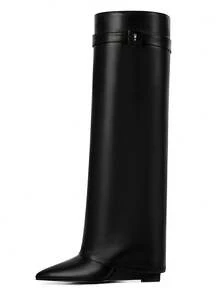 Fashion Women Knee High Boots Metal Pointed Toe Chunky Heels Fold Over Luxury Punk Goth Design Cool Women Fold Over Shoes - 黑色 - 查看 2