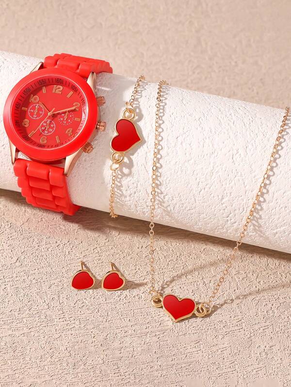 4PCS|Women Fashion Silicone Strap Quartz Watch Set, Heart Jewelry Set. Includes Watch, Necklace, Bracelet, Earrings. Suitable For Daily Wear, Wear It At Work. Birthday Gifts, Christmas Gifts, Etc. (This Box Is Just A Display)