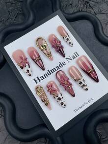 Bộ 10 miếng dán móng tay họa tiết da báo, kiểu dáng Y2K, dài, nhọn, làm từ acrylic với họa tiết đường nét 3D và hoa văn chạm khắc thủ công, màu hồng trắng vàng ánh kim dễ thương, móng giả bóng, thiết kế nghệ thuật móng tay, phù hợp cho phụ nữ và bé gái, thích hợp cho lễ hội Halloween. - Đỏ - Xem 5