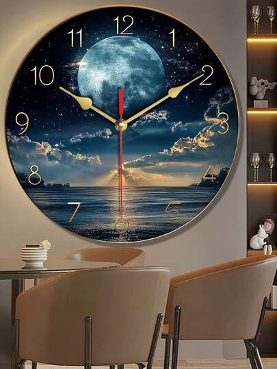 Pc 10 Inch/12 Inch Moderne Wood Wand Klok Moonlit Night Sky 2D Flat, Classic Golden Numbers, Mounted, Multipurpose Home Or Office, Nighttime scape Durable Clock, Room view 4