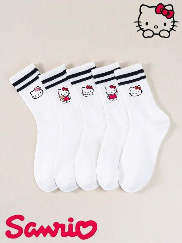 Sanriol's 1/5 Pairs Of White  Knee-High Socks Are Fashionable Women's Sportswear And Casual Socks. With Red And White Patterns And Double Black Striped Details, They Are Sweat-Absorbent, Breathable, Soft And Skin-Friendly, Sweet And Cute Socks Sweet And Cute Socks,Them Suitable For Occasions Such As Halloween And Christmas.