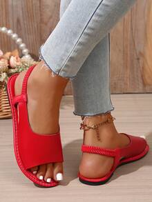 Women's Fashion Summer Solid Color Open Toe Sandals - Brown And Black, Flat, Peep Toe, Rubber Sole, Comfortable Casual Shoes, Fashionable Slip-On Sandals - Red - View 5