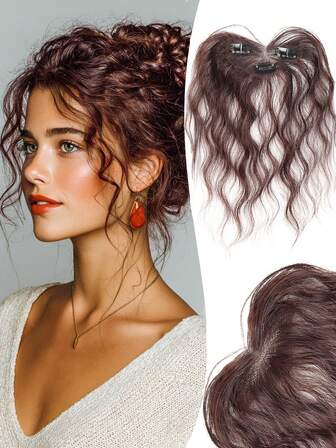 12*5CM Fully Hand-Woven Heart-Shaped Net Invisible Seamless Hair Replacement Piece Water Ripple Curly Hair Middle-Parted Bangs On The Top Of The Head Fluffy To Increase Hair Volume Cover The Hairline Long Curly Bangs Wig Natural Invisible Cover White Hair