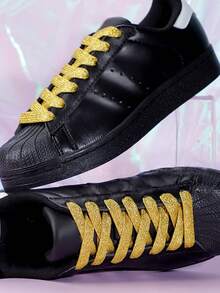 1 Pair Unisex Shiny Iridescent 120cm Flat Double-Layer Shoelaces, Suitable For Sports Shoes, Casual Shoes, Canvas Shoes, In White, Black, Rainbow Colors