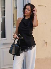 MUMRAP Women's Elegant Solid Lace Stitching Halter Tops - 黑色 - 查看 5