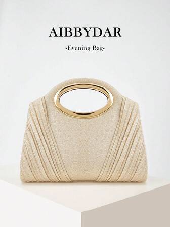 AIBBYDAR 香槟色亮片褶皱手提包，适合搭配晚礼服、度假、商务、休闲、正式活动、派对和庆典。