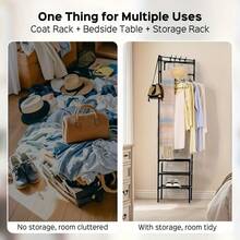 1pc Heavy Duty Freestanding Garment Rack - Space Saving Closet Organizer With Hooks, Sturdy Metal Construction, No Assembly Required - Suitable For Bedroom, Wardrobe, Living Room - Modern Black/White Clothes Rack, Ideal For Small Spaces, Bedroom Storage, Stylish Design, Polished Surface, Essential Storage Solution For Apartment Dwellers