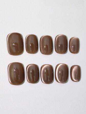 10pcs Handmade Short Oval Nail Stickers, Brown, Y2K Minimalist Soft Style, Solid Cat Eye With Fine Glitter, Suitable For Women And Girls, Autumn/Winter, Christmas Party, Daily Use