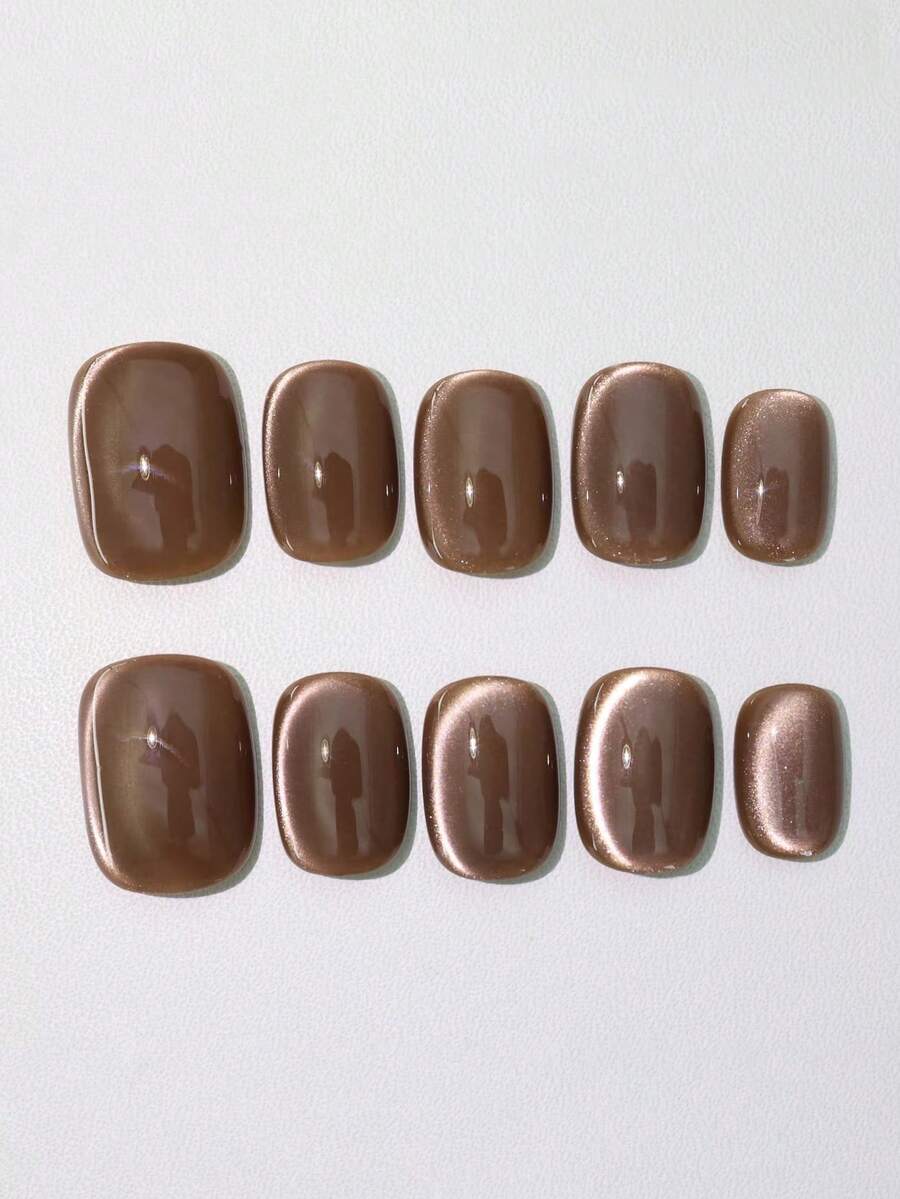 10片手工短椭圆美甲贴纸，棕色，Y2K极简柔和风格，纯色猫眼图案，带细闪，适合女性和女孩，秋冬季、圣诞派对、日常美甲，手工按压式美甲贴片 - 摩卡棕 - 查看 1