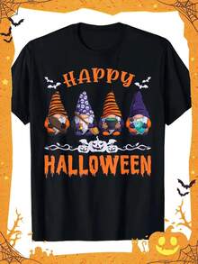 Halloween Gnomes Graphic T-Shirt, 100% Cotton Crew Neck Short Sleeve Tee, Casual All-Season Knit Fabric Top With Digital Heat Transfer,Nightmare Before Christmas,Christmas,Halloween Costumes,Funny T Shirts,Summer Outfits,Thanksgiving Day,Men Graphic Tees,Streetwear Men - Black - View 1
