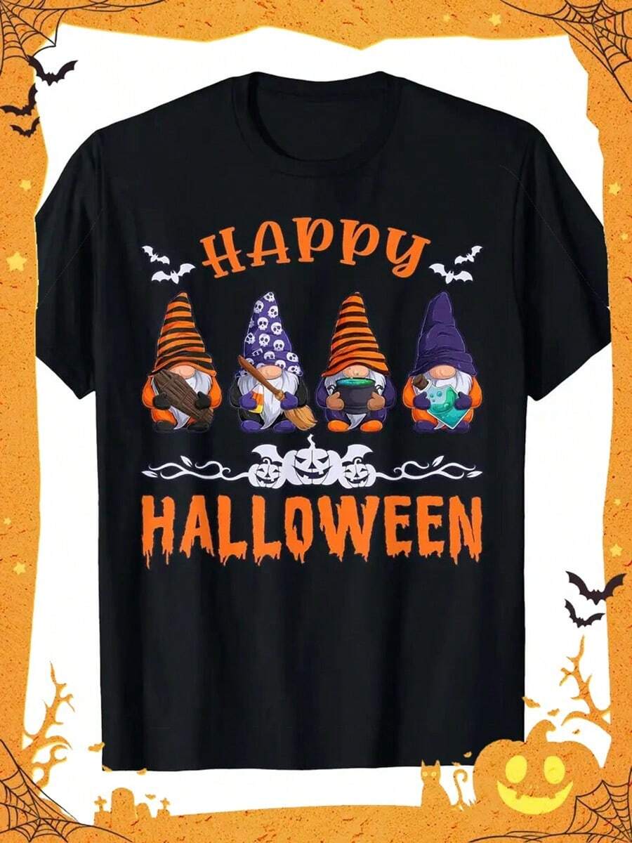 Halloween Gnomes Graphic T-Shirt, 100% Cotton Crew Neck Short Sleeve Tee, Casual All-Season Knit Fabric Top With Digital Heat Transfer,Nightmare Before Christmas,Christmas,Halloween Costumes,Funny T Shirts,Summer Outfits,Thanksgiving Day,Men Graphic Tees,Streetwear Men - Black - View 1