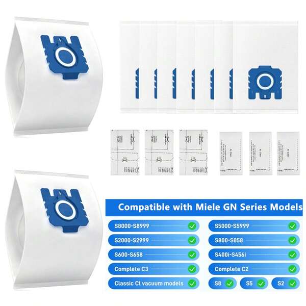 أكياس تنظيف مكنسة ميلي لمكنسة ميلي GN، متوافقة مع أكياس الغبار ذات الكفاءة العالية من نوع GN 3D Airclean لطراز Classic C1 و Complete C2 و C3 و S800 و S2000 و S5000 و S8000، أكياس الغبار + الفلاتر