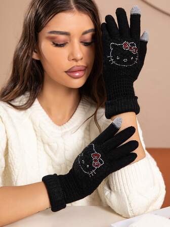 Sanrio 1 par de guantes de punto con diseño de Hello Kitty, cálidos y a prueba de viento para el invierno, con un adorable diseño de dibujos animados con rhinestones, flexibles y convenientes, adecuados para uso al aire libre y conducción en invierno