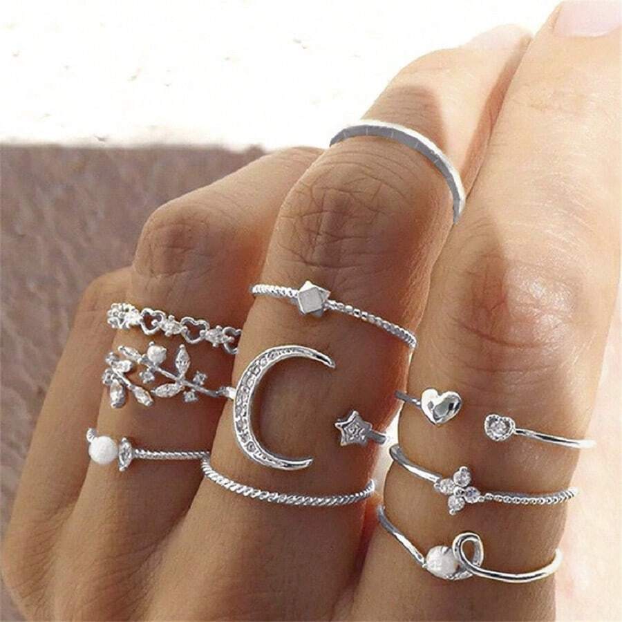 Set Of 10 Bohemian Style Fashion Rings For Women,  Jewelry Gifts - 銀色 - 查看 1