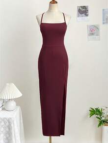 Vestido de mujer, unicolor, tirantes finos, espalda descubierta grande, pliegues en las caderas, aberturas grandes en las caderas, que cubre las caderas, sexy, sin mangas, vestido largo para fiesta, adecuado para usar debajo de un abrigo en otoño, parte superior