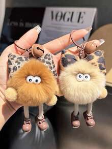1PC Cute Otter Rabbit Fur Leopard Pattern Bow Small Coal Ball Bag Pendant, Plush Car Keychain, Suitable For Backpacks, Shoulder Bags, Handbags, Keychains, Also Suitable As Birthday Gifts, Party Gifts - Multicolor - View 2