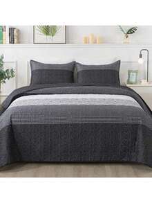 3 Pcs Black & Grey Coverlet Set-Quilted Bedspread Sets Suitable For Wedding Items, Valentines Day Home Bed Room Decor, Easter Ramadan Gifts, All Season - Black & Grey - View 3