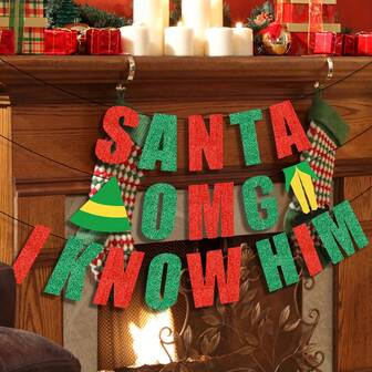 Banderoles pailletées - Décorations de fête de Noël rouges et vertes, thème du film Buddy l'elfe, chapeaux de Père Noël et cannes de bonbon convenant pour la décoration de fête de Noël/décoration de fête d'hiver