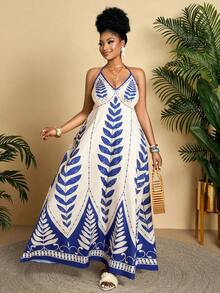 BIUBIU Damen Große Größen Frühling Sommer Tropisch Blau Bedrucktes Off-Shoulder Urlaubskleid - Spaziergang am Meer, ausstrahlendes charmantes Flair, geeignet für Urlaubs-Freizeitmode Schlüsselartikel