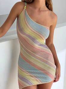 Women's Summer Mini Dress One Shoulder Spaghetti Strap Sleeveless Striped Bodycon Dress - Màu sắc hỗn hợp - Xem 6