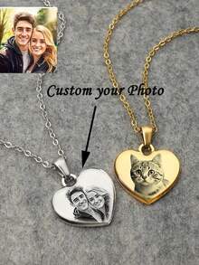 1件个性化照片心形项链，可定制刻字照片项链，个性化照片项链，方形心形照片项链，送给妈妈/妻子的礼物，不锈钢银色、金色、黑色项链，可定制刻字照片吊坠项链，周年纪念日、情人节、圣诞节、万圣节礼物 - 彩色 - 查看 2