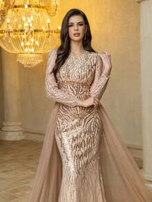 Vestido de noite feminino UNITHORSE [corte aleatório] com decote redondo, manga comprida, lantejoulas, patchwork, tecido de malha, corte slim, maxi temperamento