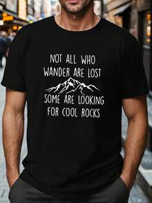 Plus Size Men's Casual T-Shirt, LOOKING FOR COOL ROCKS Print Short Sleeve Sports Tee Tops, Summer Clothing - Black - View 2