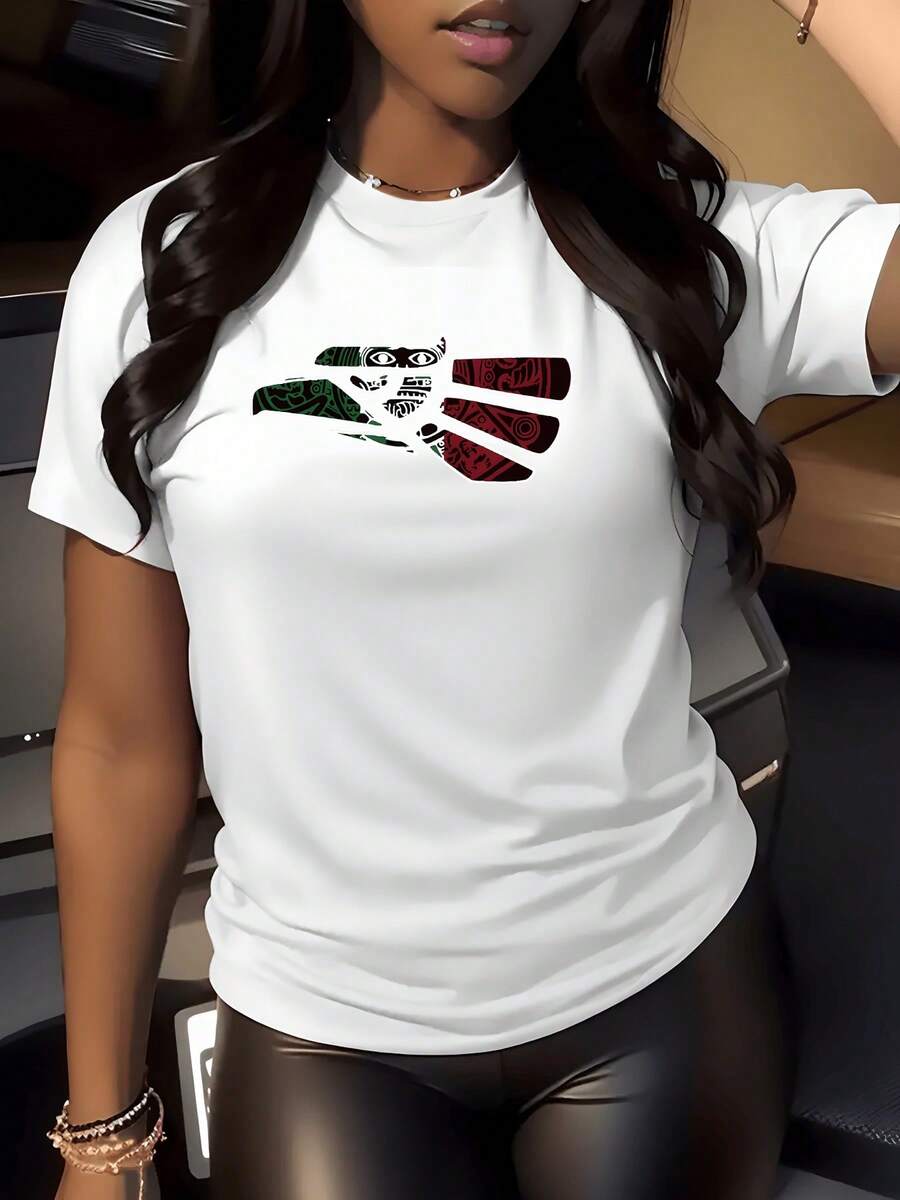 Moda Mujer águila Cultural Camisa de T con Estampado Digital 220 Gramos con vibrante motivo folclórico 1 unidad de Camisa de T de Manga Corta para Mujer 100% algodón Estilo Casual y Cuello Redondo - Blanco - Ver 1