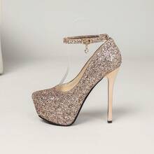 Zapatos de tacón alto de 14 cm con tacones delgados de estilo de moda sexy para fiestas de mujeres, nuevos tacones súper altos para primavera y otoño, con diseño de hebilla con strass en la correa trasera, tacones altos de mujer de escote bajo, zapatos con lentejuelas brillantes, tacones elegantes para banquetes y citas