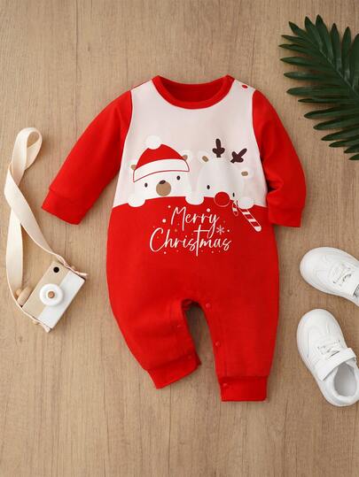 1pc Unisex Baby Christmas Reindeer & Bear Romper, Long Sleeve, Autumn/Winter, Christmas Outfit For Newborn Infants