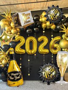 10件組新年快樂鋁箔氣球套組，包含金色2026、紅酒瓶、香檳杯、3D方形氣球、五角星鋁箔氣球，適用於2026新年、生日、畢業、攝影道具、節日裝飾 - 彩色 - 查看 5