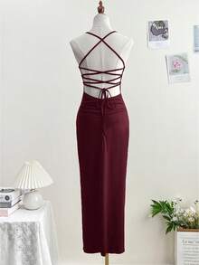 Vestido de mujer, unicolor, tirantes finos, espalda descubierta grande, pliegues en las caderas, aberturas grandes en las caderas, que cubre las caderas, sexy, sin mangas, vestido largo para fiesta, adecuado para usar debajo de un abrigo en otoño, parte superior