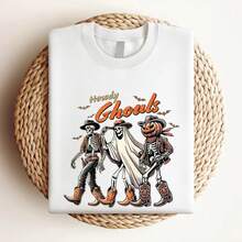 Women T-Shirt Print Halloween Howdy Ghouls Cowboy Ghost Skeleton Premium T-Shirt Top For Everyday Wear Women Top Graphic Tees Summer Female Print Round Neck Short Sleeve Comfortable Versatile Fashion Slightly Soft Casual Stylish Unisex Stretched Women Designer Clothes