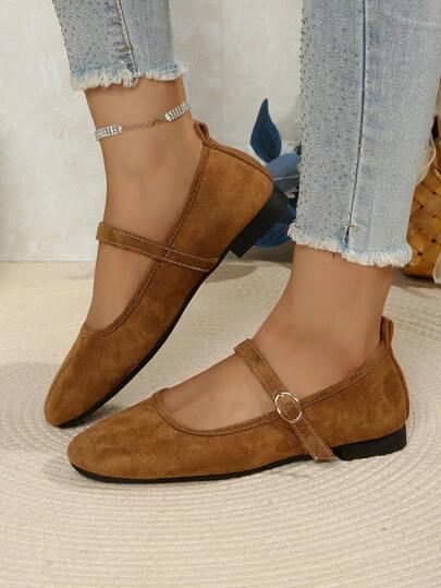 Women's Fashion Square Toe Flat Shoes, Slip-On Casual Commuter Shoes Suitable For Dresses, Buckle Strap Ballet Flats, Mary Jane Shoes
