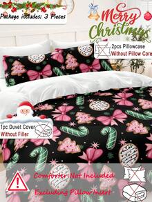 3pcs Hand-Painted Black Background Pink Bow Christmas Tree Digital Print Duvet Set (1 Piece Duvet Cover 2 Pieces Pillowcase Without Core) Polyester Fiber Super Soft Skin-Friendly Bedding Set Christmas Decorations Suitable For Various Bed Sizes Ideal For Gifting - Multicolor - View 2