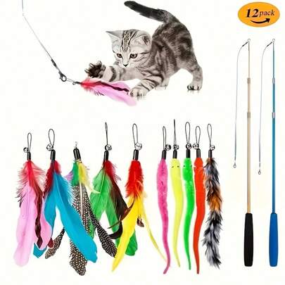 12pcs Pet Cat Toys, Cat Teasing Sticks, Plush Toys, Artificial Feather Replacement Heads, Retractable Poles, Cat Self Entertainment Toys, Cat Teasing Toy Set, Artificial Feathers