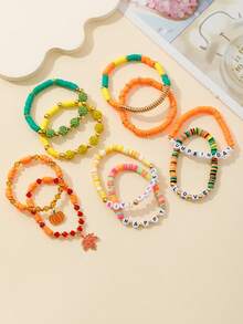 10pcs/Set Thanksgiving Day Soft Clay Letter Beaded Maple Leaf Charm Bracelet, Autumn Color, Fashion Accessory For Women
