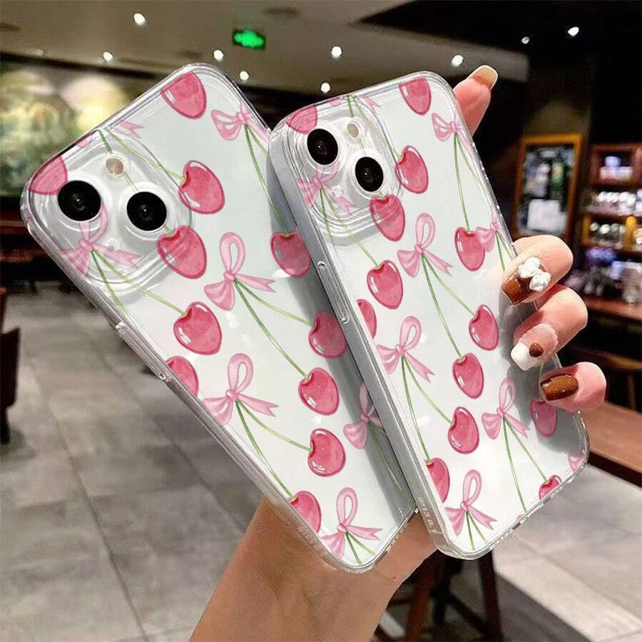Funda Transparente Ultra Clara patrón cerezas lazo rosa -Carcasa de Bordes Rectos Anti-Amarillamiento y Antiarañazos-Diseño Delgado y Minimalista-Muestra el Estilo de tu 16 Pro Max/1 - transparente - Ver 1
