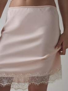Women's Low-Waist Solid Color Lace Paneled A-Line Knee-Length Skirt, For Party Street Wear - Hồng - Xem 2