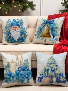 1 pieza/4 piezas Funda de almohada de lino con estampado de árbol de Navidad y duende regalo, 17.7*17.7 pulgadas/45X45cm, funda de cojín decorativa para habitación, dormitorio, sofá, sin relleno de almohada