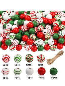 Christmas Wooden Beads Kit, Colorful Round Multiple Styles Wooden Beads Kit For Jewelry Making, DIY Christmas Decoration Gifts Key Chain Accessories