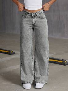 Teen Girl's Loose Fit Butterfly Print Denim Wide-Leg Pants - Light Grey - View 2