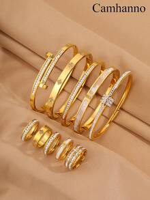 Camhanno 10pcs Exquisite And Fashionable Stainless Steel Bracelet Ring Set, Uniquely Designed, Perfect For Dating Occasions, Adding A Touch Of Elegance To Your Appearance, Perfect For Holiday And Birthday Gifts - Multicolor - View 3
